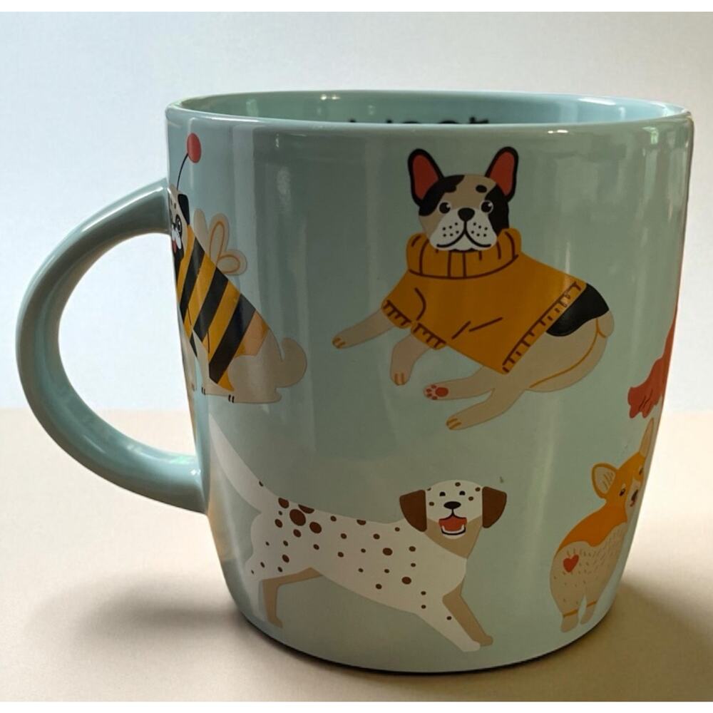 WOOF Dog Coffee Cup Mug Room 2 Room Pets Turquoise Green Blue Puppies